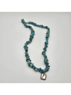 Vintage Turquoise Stone Chip Necklace Sterling Silver Abalone Pendant 16"